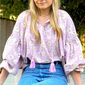 [everbloom] Lavender Green Boho Oversized Balloon sleeve Tassel Blouse Top